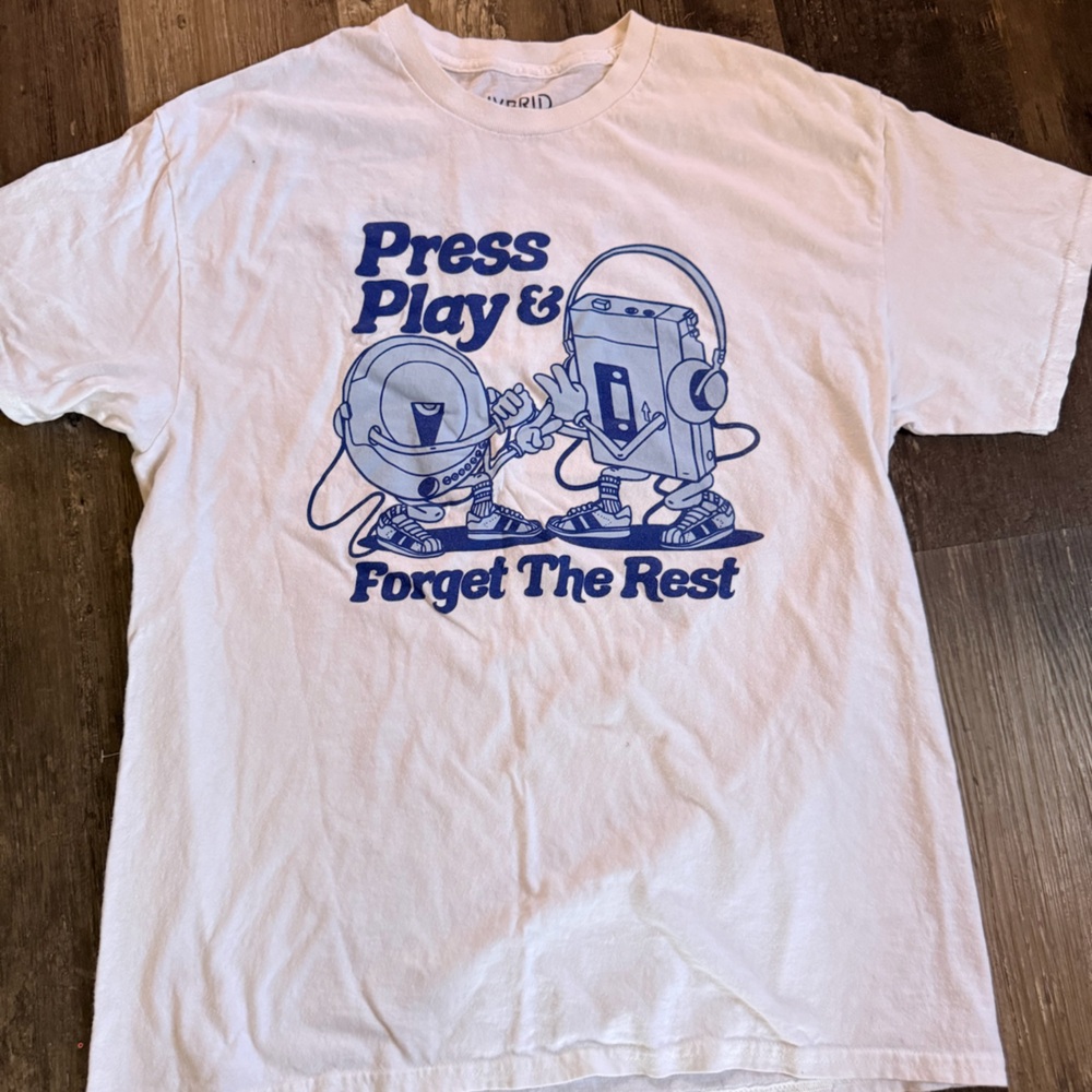 Hybrid Apparel White Short Sleeve Tee with Blue Graphic